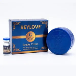 Reylove Gold Beauty Cream open jar with whitening beauty serum and blue packaging box.