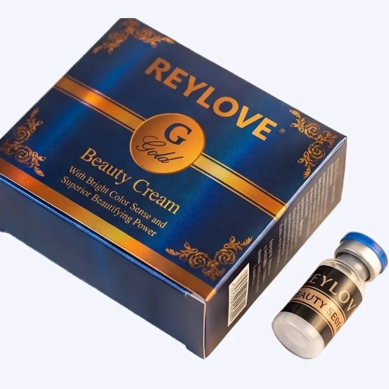 Reylove Gold Beauty Cream closed blue jar, beauty serum vial, and golden accented product box.